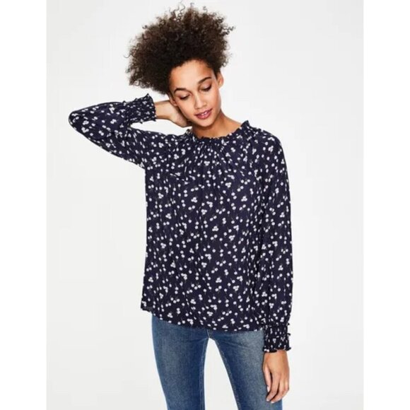 Boden Navy Blue Floral Sadie 100% Silk Top Blouse Ruffle US 4/UK 8 Women's - Picture 1 of 10